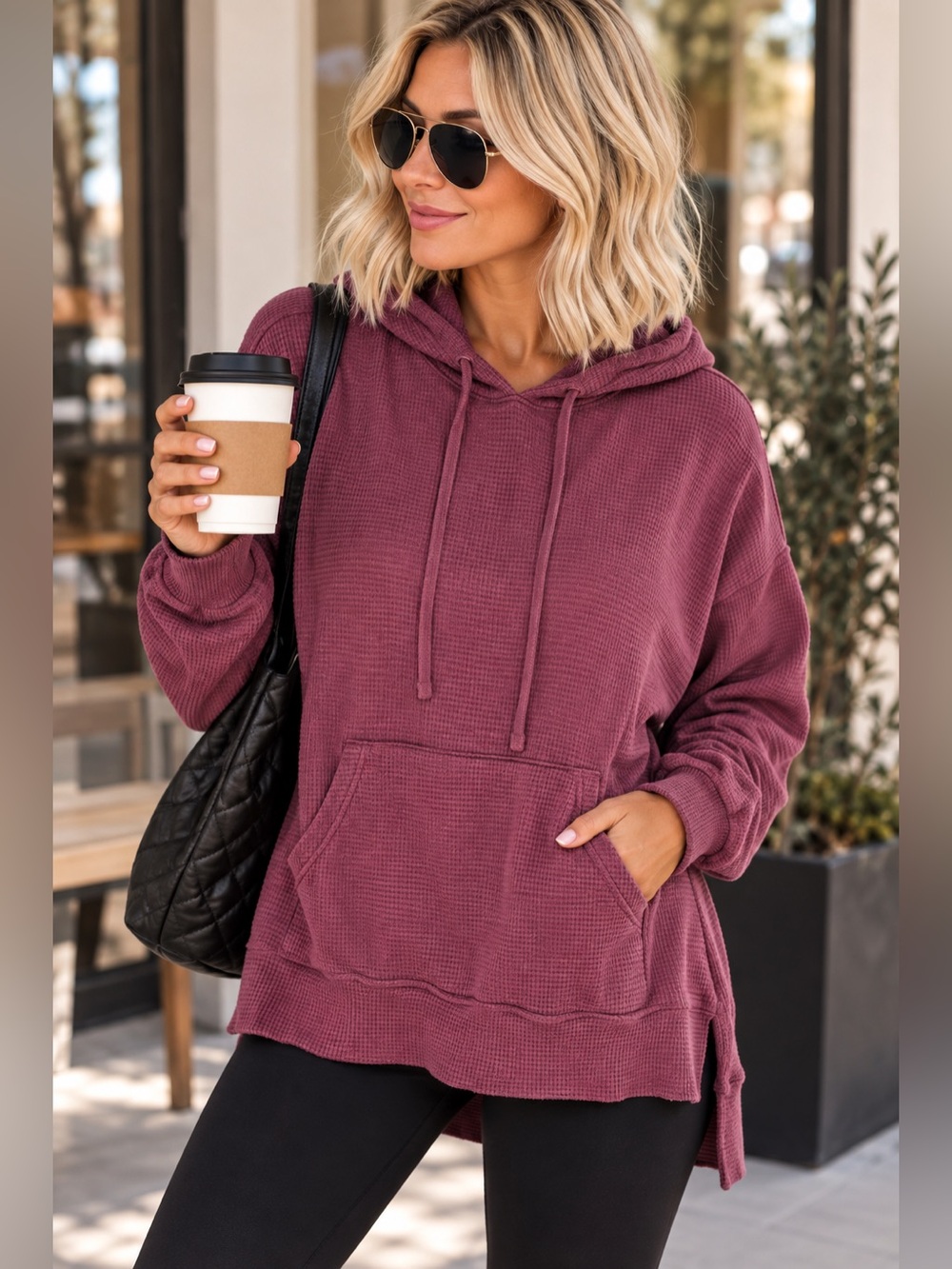 Mauve Waffle Textured Oversized Hoodie with Kangaroo Pocket - 938-947